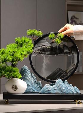新中式迎客松摆件流沙画玄关博古架复古风禅意茶室家居装饰品