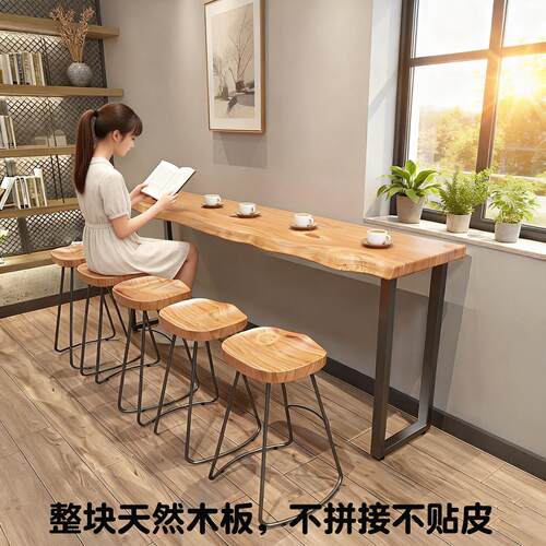 实木吧台高脚桌咖啡吧台餐饮桌商用桌子奶茶小吃店靠墙简约长条桌