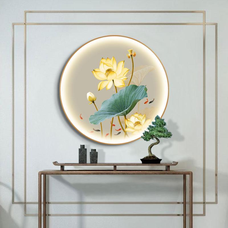 圆形带灯装饰画新中式荷花壁画饭厅茶室卧室走廊玄关挂画入户墙画图片