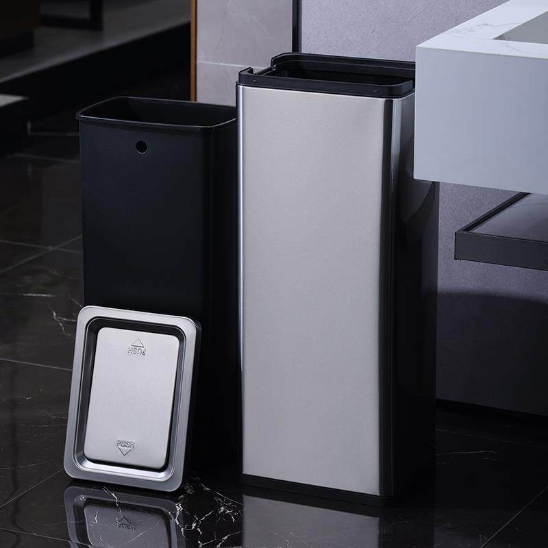 批公共卫生洗不F98T8MHM手间擦纸摇盖垃手圾桶锈钢立式方形翻用盖