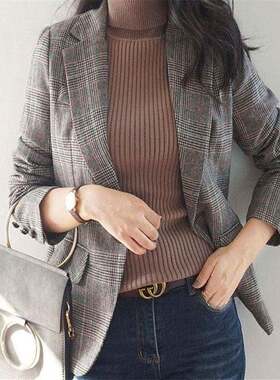 格子西装外套女2025春秋新款显瘦复古港味网红格纹休闲小西服修身