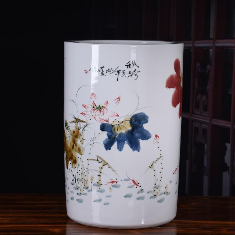陶瓷工艺品 手绘窑变荷花书画筒 卷轴缸落地花瓶书房客厅摆设