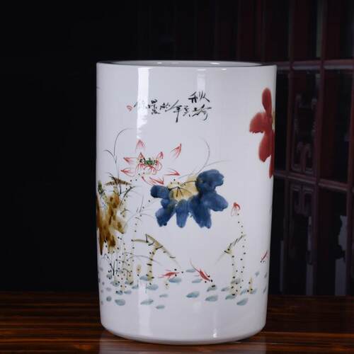 陶瓷工艺品 手绘窑变荷花书画筒 卷轴缸落地花瓶书房客厅摆设