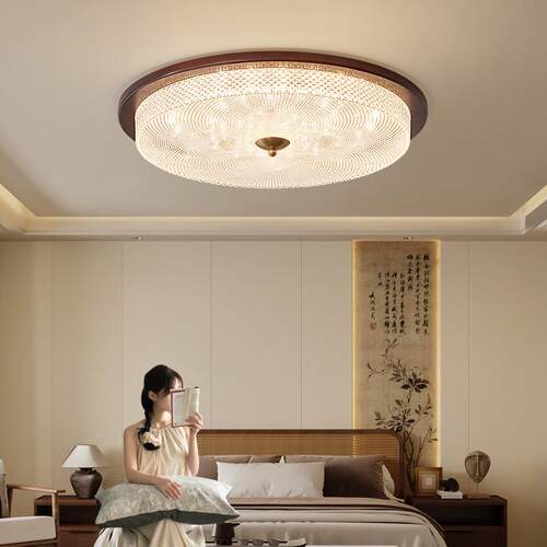中古风卧室吸顶灯简约美式复古胡桃木吸顶灯家用超亮护眼书房灯具