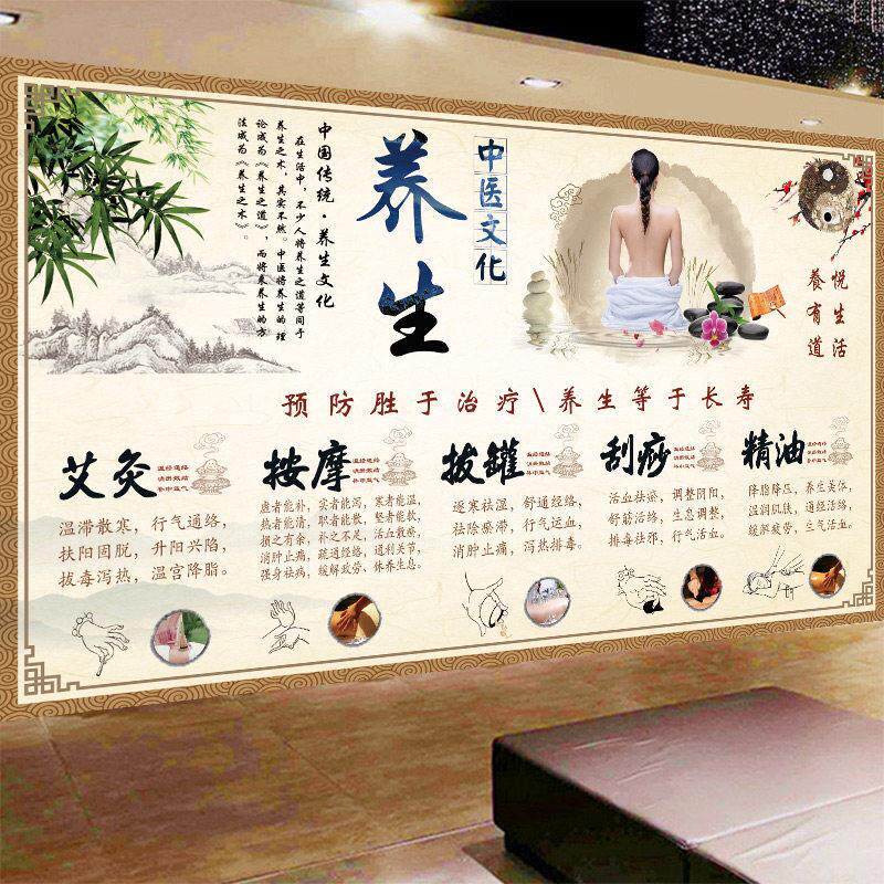 中医养生壁纸理疗馆按摩推拿壁纸美容院艾灸墙布养生之道壁画 画