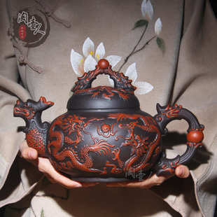 超大号紫砂壶装 蛟龙戏珠 饰茶壶家用茶楼茶具 1800ml朱泥功夫茶壶