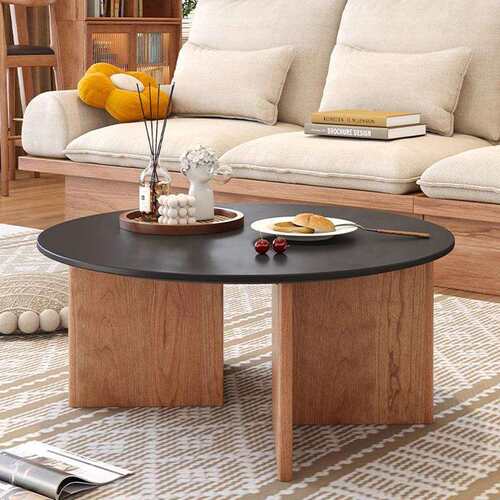 樱桃木岩板圆茶几现代简约实木圆形矮桌圆桌家用复古客厅沙发边几