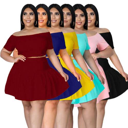 Women Plain Fitted Sleeve Pleated Skirt Set Casual