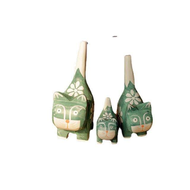 日式杂货装饰品原木福猫一套工艺品橱窗奶茶店摆设品小摆件木制