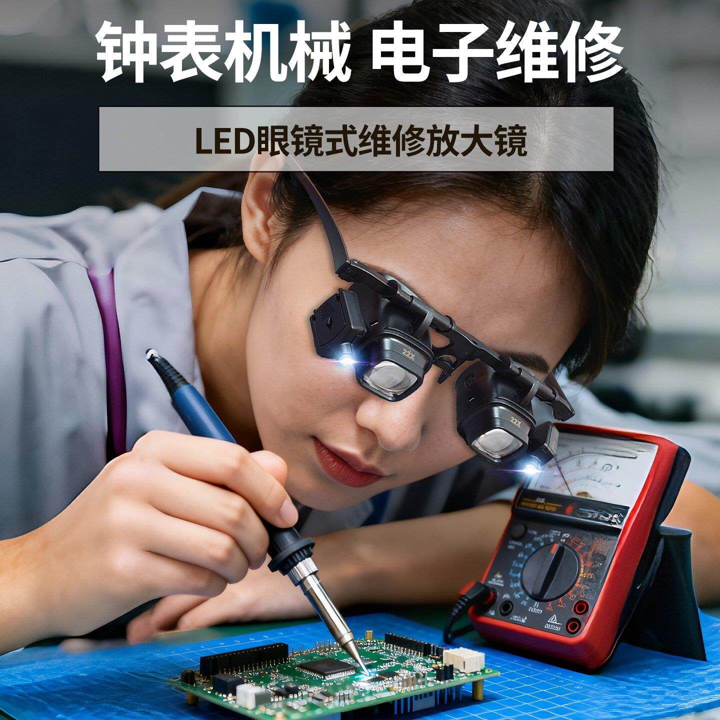 眼镜式放大镜24倍高清电路板维修专用工具修表手机头戴鸽子眼带灯