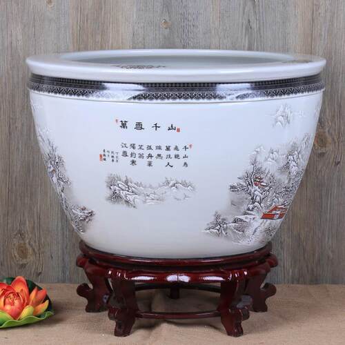 景德镇陶瓷鱼缸 釉上彩雪景图 陶瓷缸家用摆件种睡莲缸锦鲤缸