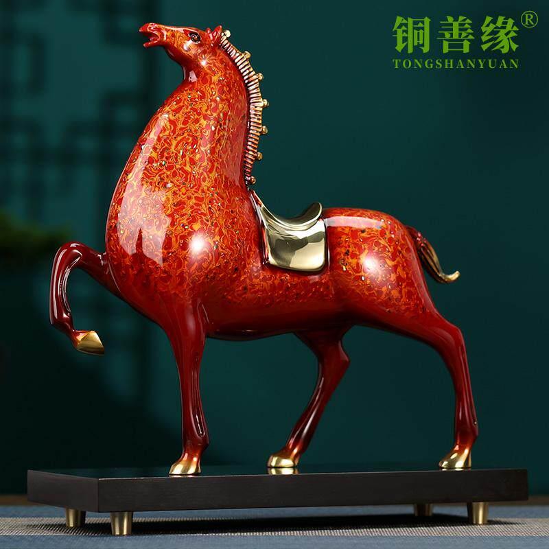 大漆犀皮螺钿唐马纯铜红色马摆件招财桌面开业乔迁轻奢高档工艺品