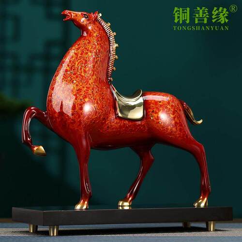 大漆犀皮螺钿唐马纯铜红色马摆件招财桌面开业乔迁轻奢高档工艺品