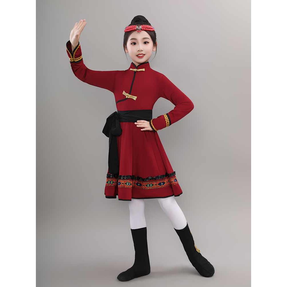 正品新儿童蒙古舞蹈马少演出服女童数款民族服装蒙族白舞大摆裙练