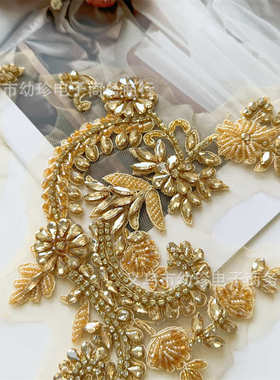 A68香槟色网纱刺绣布贴蕾丝花边服饰补丁贴辅料DIY装饰贴花