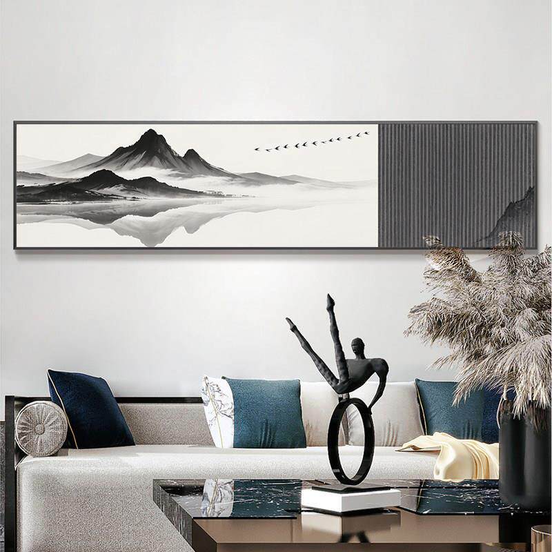 新中式卧室床头装饰画主卧房间横幅挂画客厅背景墙壁画山水水墨画