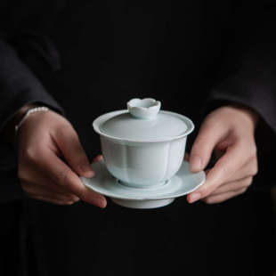 粉青三才盖碗 九匠风 菊瓣文人器家用泡茶器手工陶瓷功夫茶具茶碗