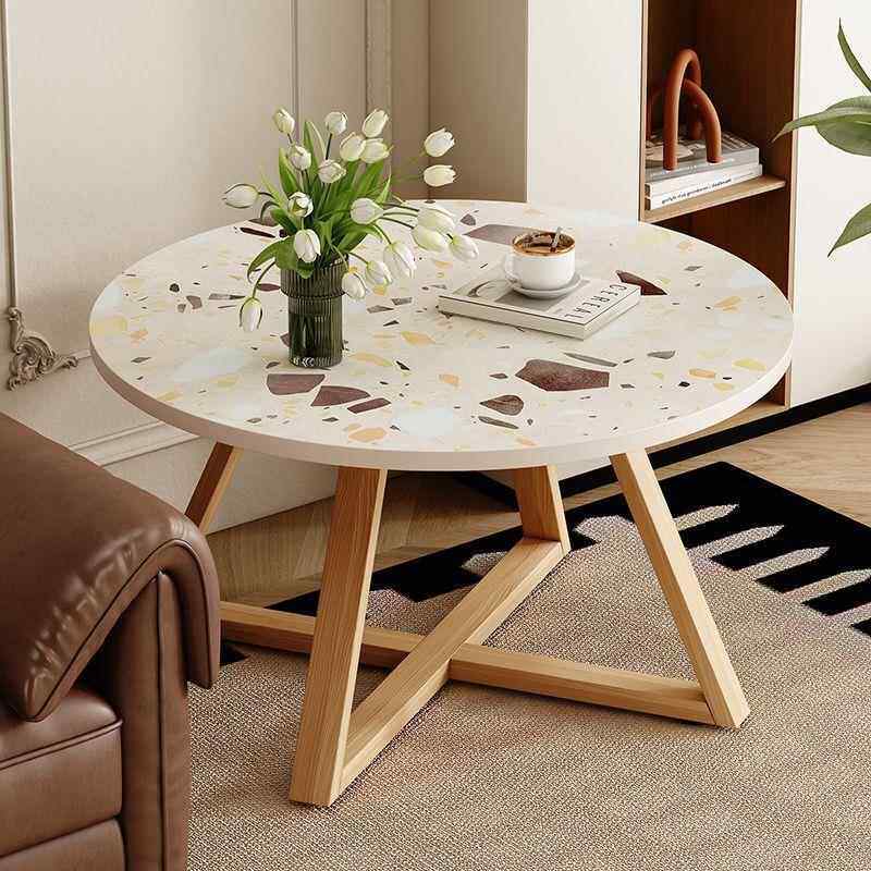 圆形茶几实木简约组装合厅阳台DHY茶室桌家用原木奶油风卧小圆桌