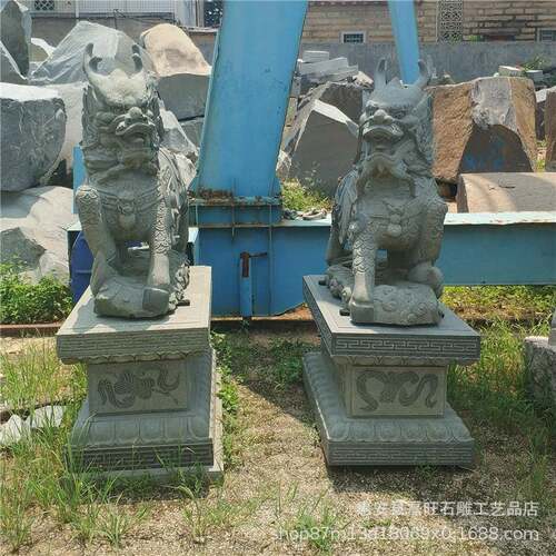 石雕麒麟庭院室外吉祥青石神兽装饰摆件口门 别墅装饰晚霞红麒麟