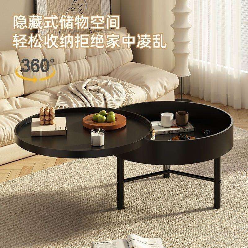 小户型北欧多功能轻奢组合旋转储物客厅圆桌简约圆形实木茶几现代