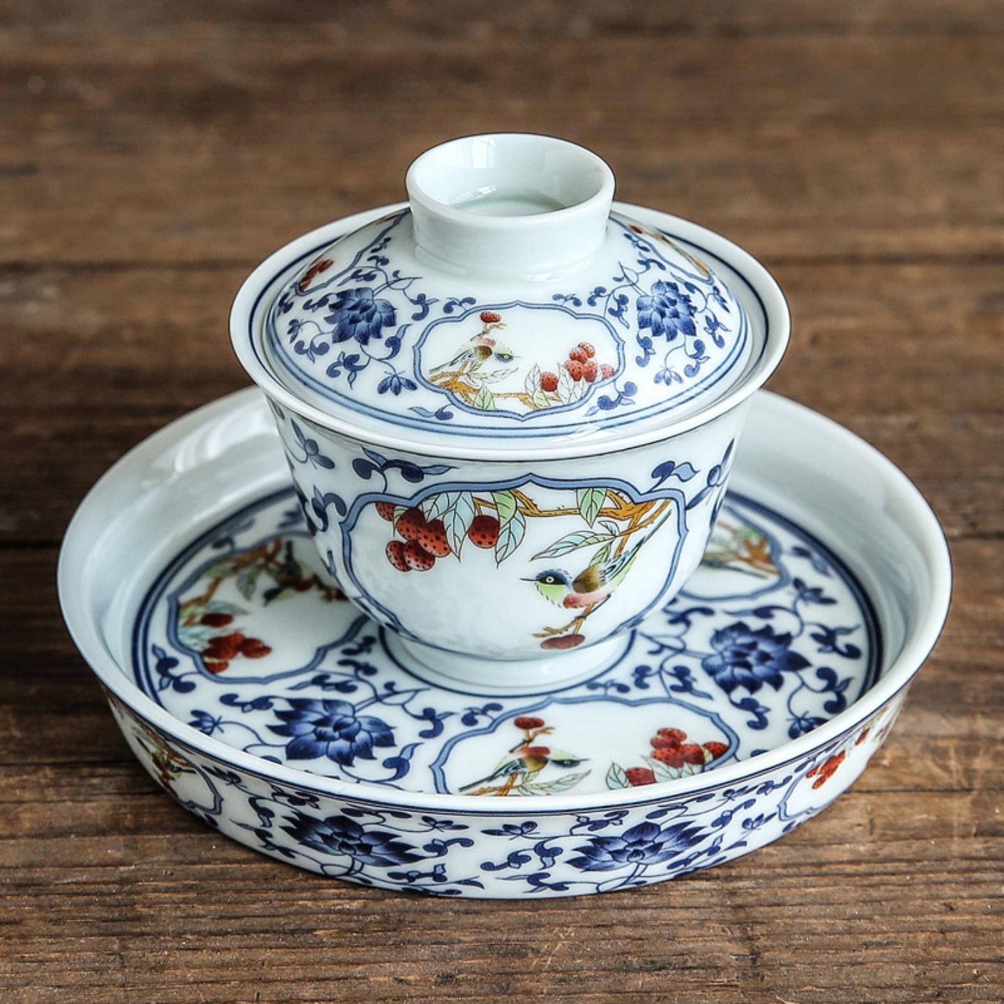 仿古盖碗景德青花釉里红三才碗陶瓷功夫茶具泡茶碗清明上河图壶承