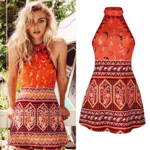 Women's printed neck hanging dress, short skirt