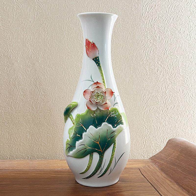 珐瑯工艺花瓶,莲花净水瓶,手工珐瑯彩瓷器摆件