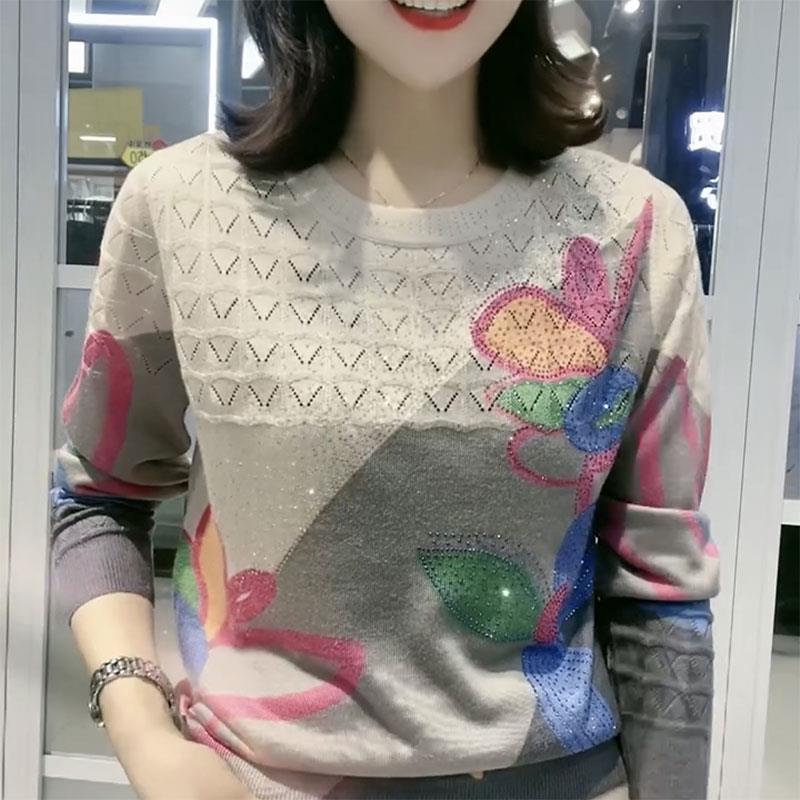 极速高档烫钻印花长袖t恤女秋季新款宽松遮肚时尚洋气妈妈装圆领