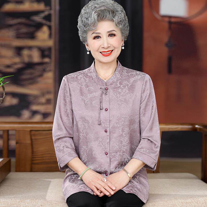 时尚中老年人衬衫女夏装桑蚕丝100%套装大码奶奶国风真丝立领上衣