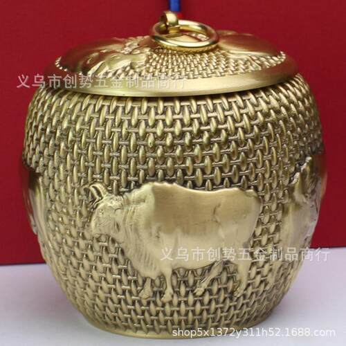 纯铜五牛图茶叶罐家用黄铜茶罐普洱茶叶储存罐储物罐茶仓铜工艺品