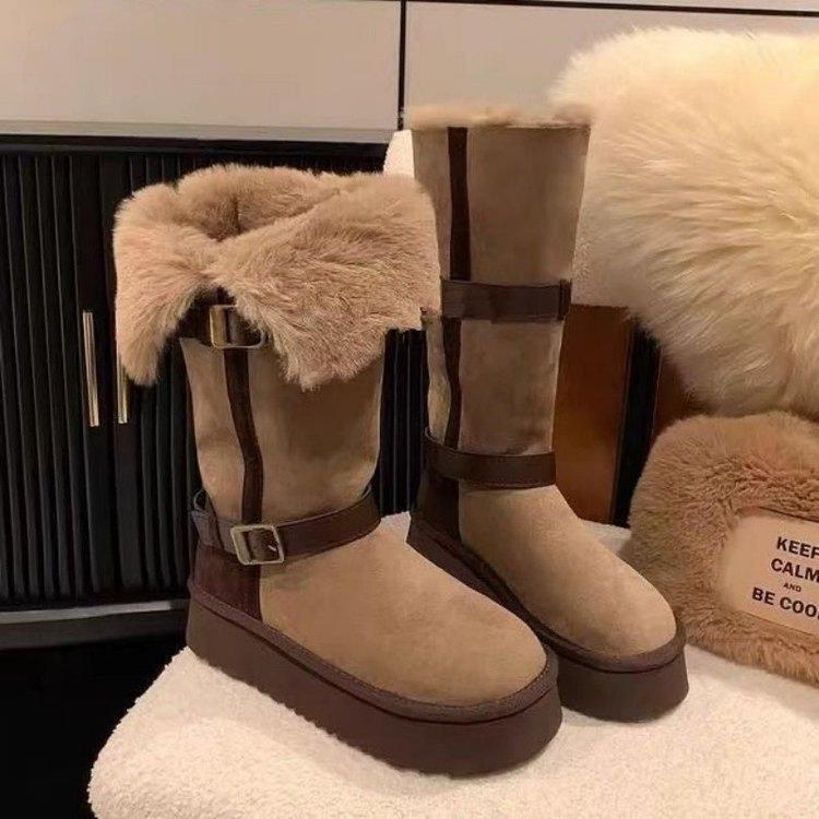 长筒加绒加厚两穿雪地靴女2025冬季新款百搭加绒保暖增高毛毛棉鞋