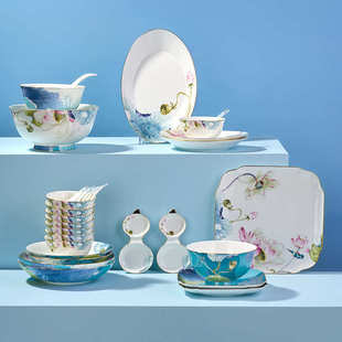 中式 饭碗菜盘味碟汤勺汤盘汤碗国潮风28头 骨瓷家用6人食餐具套装