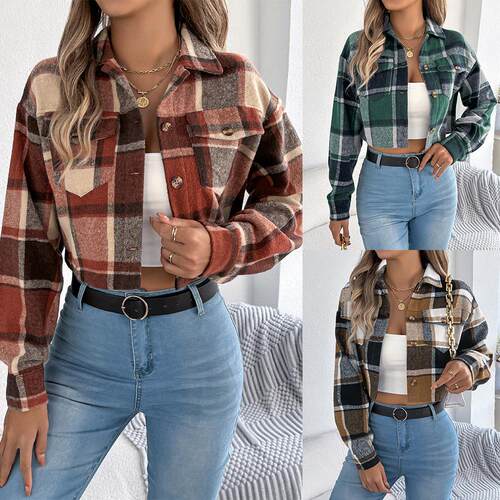 Women's Fall Winter Plaid Button-Front Pocket Jacket Casual
