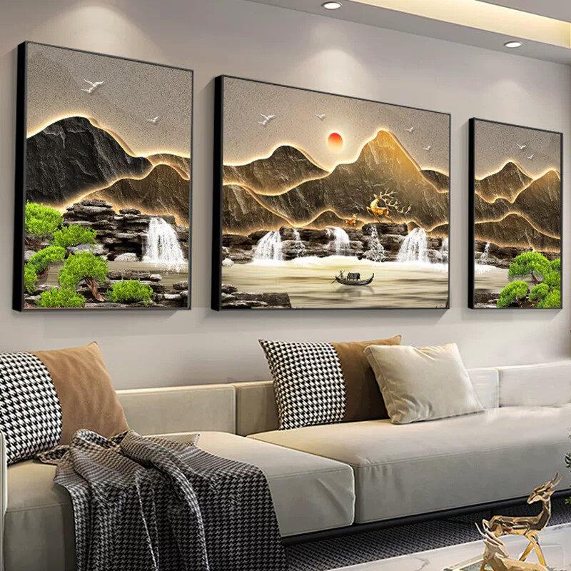 轻奢2025客厅装饰画沙发背景墙挂画三联画山水画大气大白墙壁画