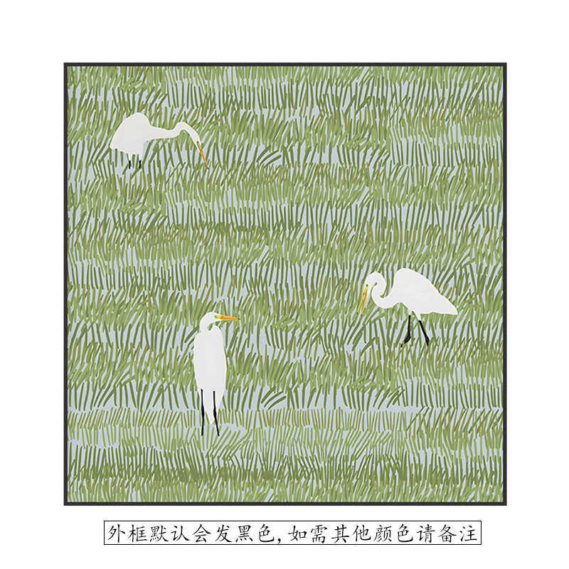 白鹭墙壁小众草地绿色装饰画 挂画卧室背景简约方型客厅现代玄关