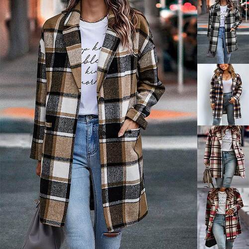 Women's pocket woolen plaid trench coat jacket