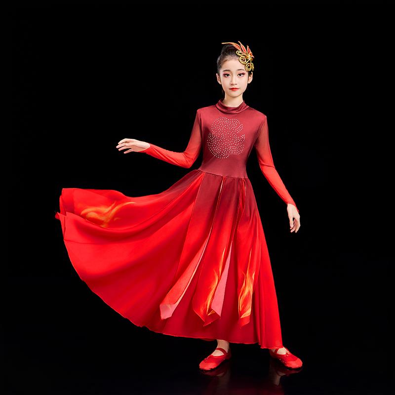 高档六一儿星童星之火合舞蹈服装气大开场舞唱服扇子舞红歌演出服