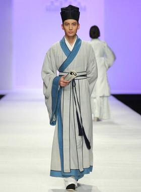 高档舞台书生麻古宁采装臣演出汉服 孔子代古服装订棉制唐装表演