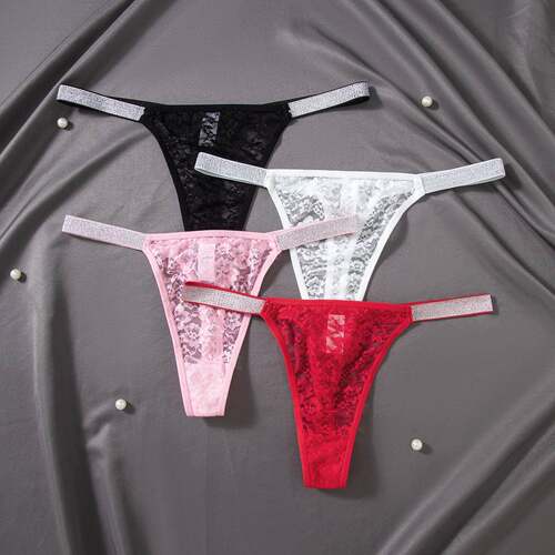 Shiny Waistband Pure Color Floral Lace Women Thong Panties