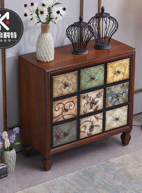 0J美式五斗柜实木复古边柜卧室柜子矮柜抽屉柜收纳柜立柜欧式储物