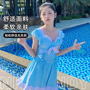 儿童泳衣女2025连体夏季 平角游泳衣 新款 保守遮肚中大童甜美裙式