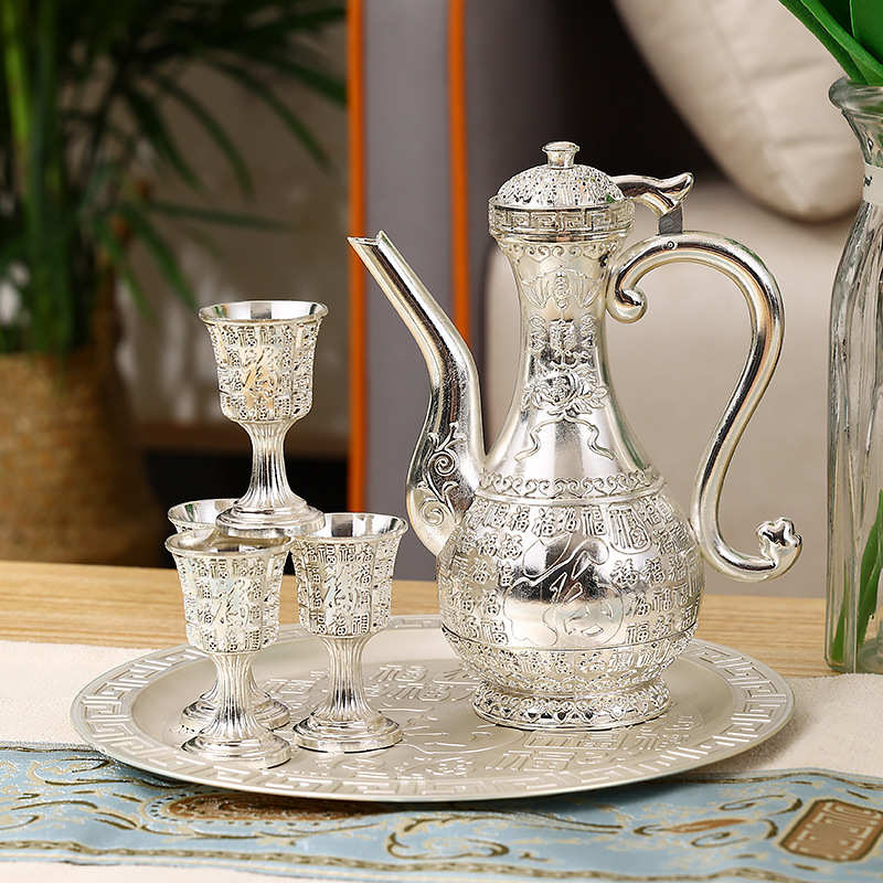 高档银色百福酒具套装中式酒壶酒杯托盘全套家居装饰手工艺品套件