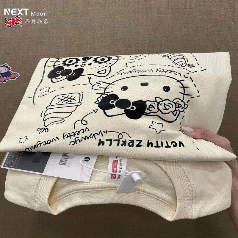 Next Moon英国联名美式甜酷HelloKitty奶黄色短袖T恤女夏宽松上衣