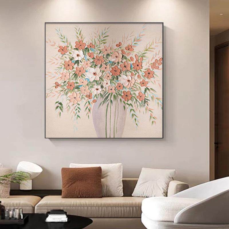 繁花似锦方形餐厅装饰画北欧风油布画花卉客厅挂画