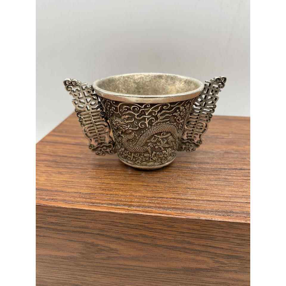 怀旧复古唐朝银器羽杯錾刻龙纹银杯子大唐贞观酒杯老物摆件中国风