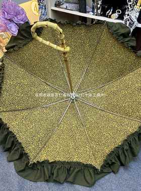 复高颜阳值日系古直豹纹荷叶花边木制太伞晴雨两SIF用女竹节柄防