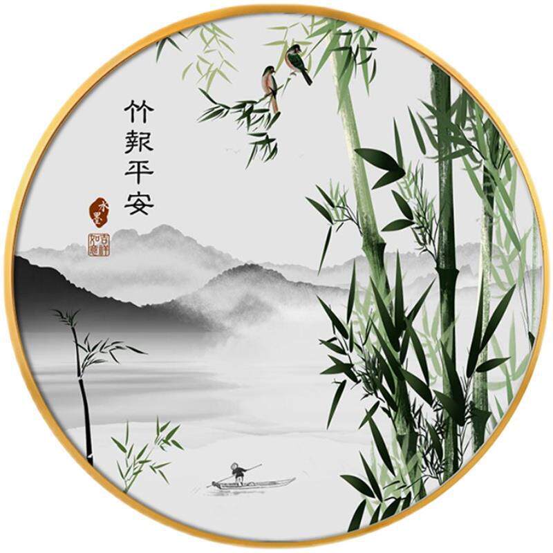 竹报平安圆形装饰画新中式玄关走廊过道挂画中国风景山水竹子壁画