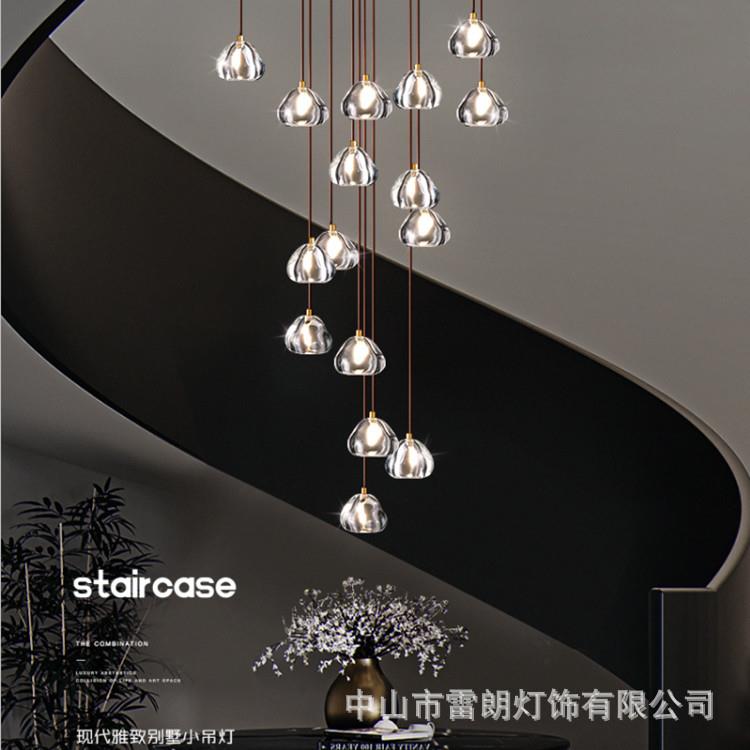 旋转楼梯间长吊灯后现代樱桃水晶复式loft别墅挑空大客厅全铜吊灯