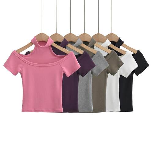Hanging neck one collar short sleeved T-shirt for women,