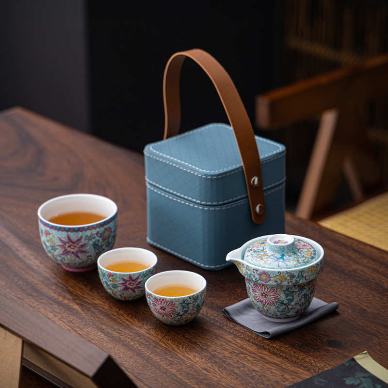 珐琅彩旅行茶具套装陶瓷快客杯便携式泡茶器商务活动礼品一壶二杯